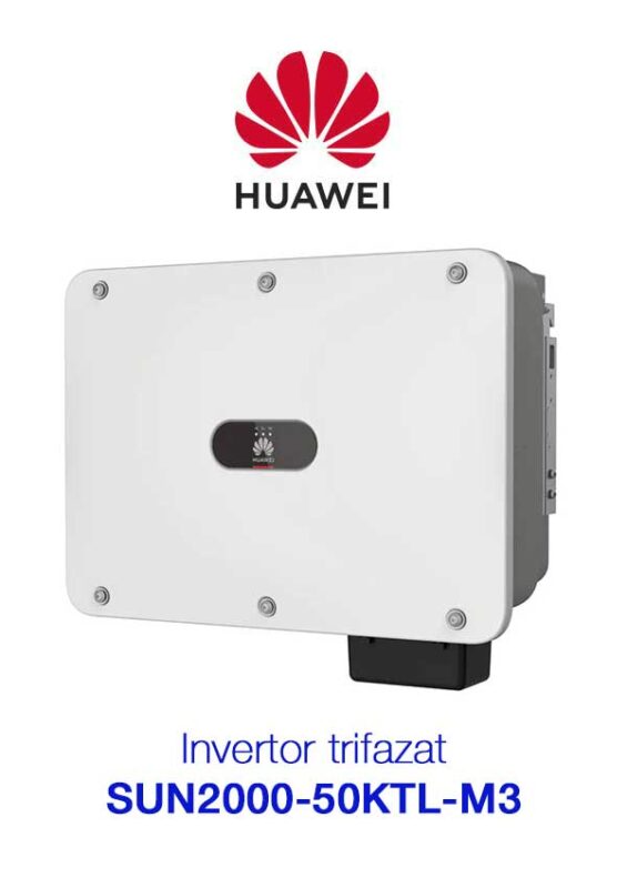 Invertor 50 kW trifazat Huawei SUN2000-50KTL-M3 este un invertor On Grid trifazat, de la Huawei. Acesta face parte dintr-o serie de produse care utilizeaza topologia de circuit in trei trepte, randamentul sau maxim fiind de pana la 98.7 %. Rezultatele la testul de fotoni sunt A+/A+ atat la iradianta ridicata, cat si la iradianta medie. Cele 4 trackere MPPT cu care este echipat sunt adaptabile si flexibile pentru un randament extrem de ridicat al instalatiilor fotovoltaice utilizate. Modulul de protectie la trasnet AC si DC si posibilitatea de racire naturala a sistemului imbunatatesc fiabilitatea produsului.